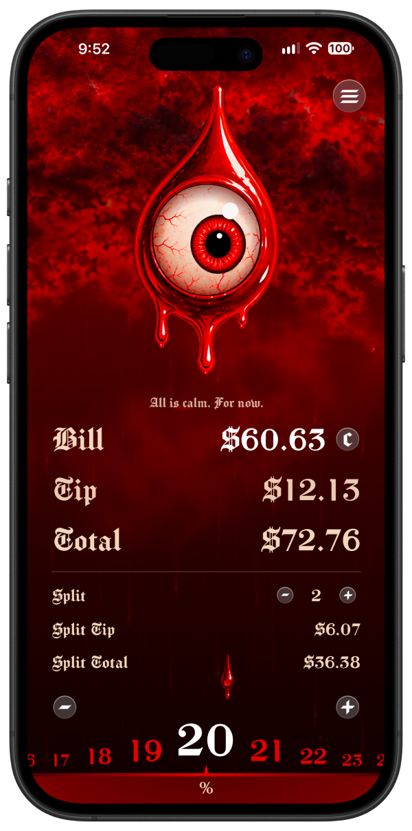 Evil Tips on iPhone: the bill, tip and total under a red storm sky.